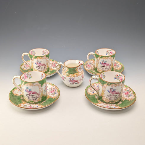 Early 20th Century Minton (England) Cockatoo Green Demitasse Cups & Saucers, 4-piece Set & Cream Jug